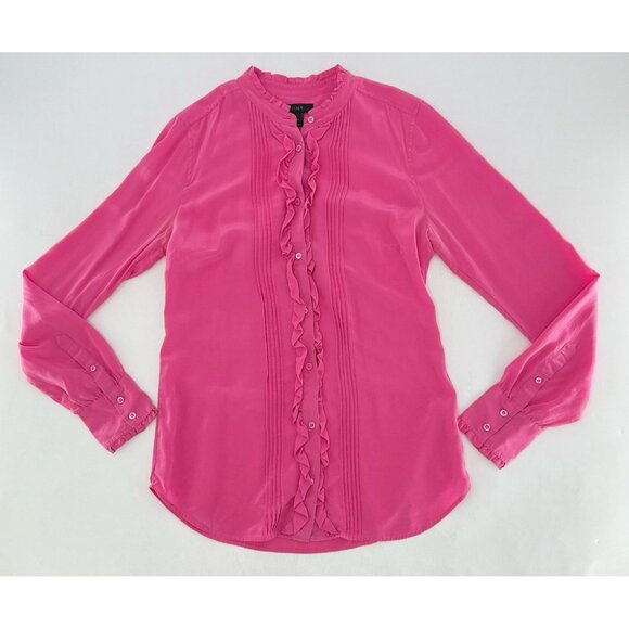 J.Crew Ruffle Silk Button-Up Bright Pink Blouse Size 4T Boho Preppy See Photos - Picture 3 of 12